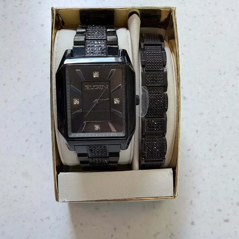 Elgin Men's Luxury Watch and Bracelet Set in Black with Pave Design
